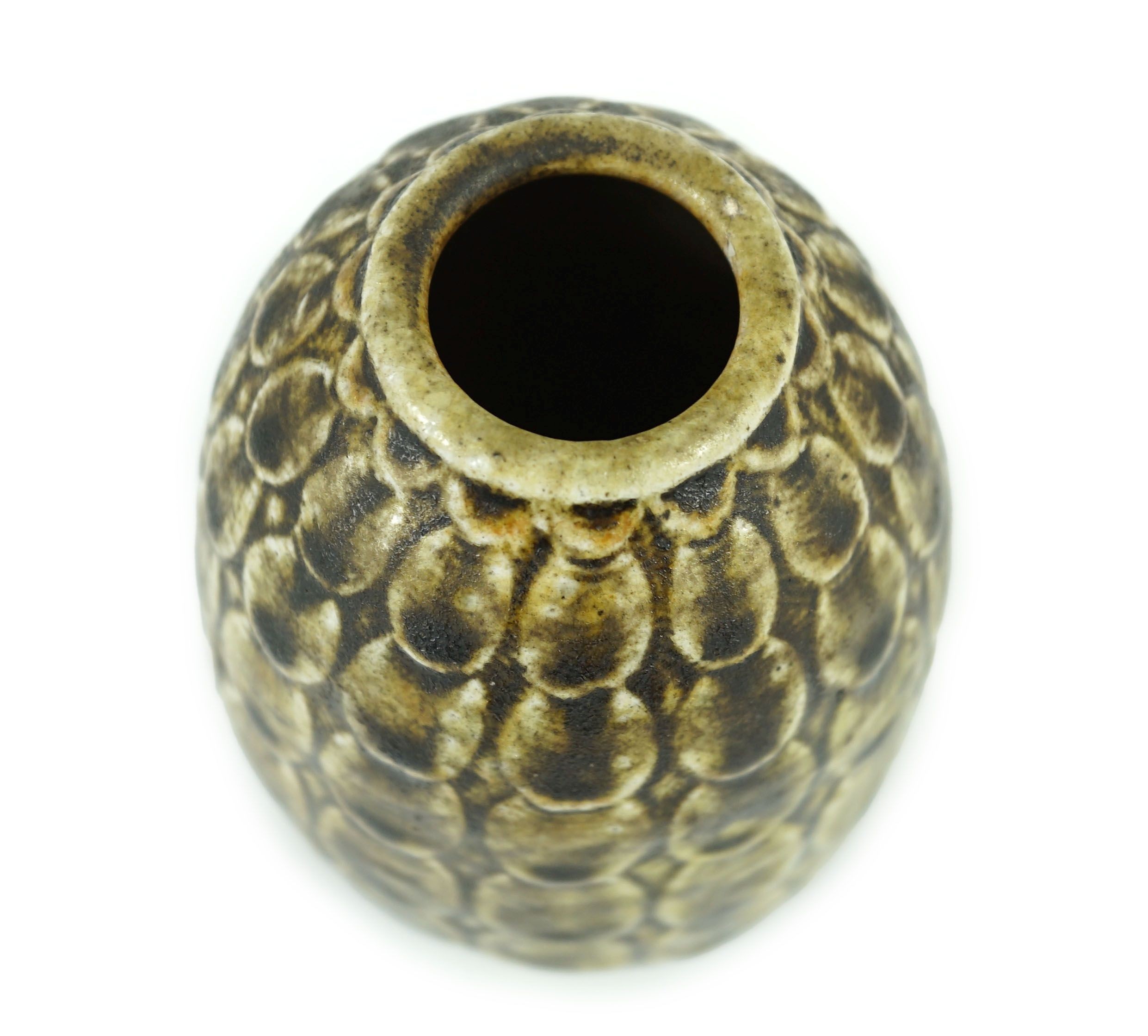 A Martin Brothers scale pattern ovoid small vase, dated 1910, 13.5 cm high